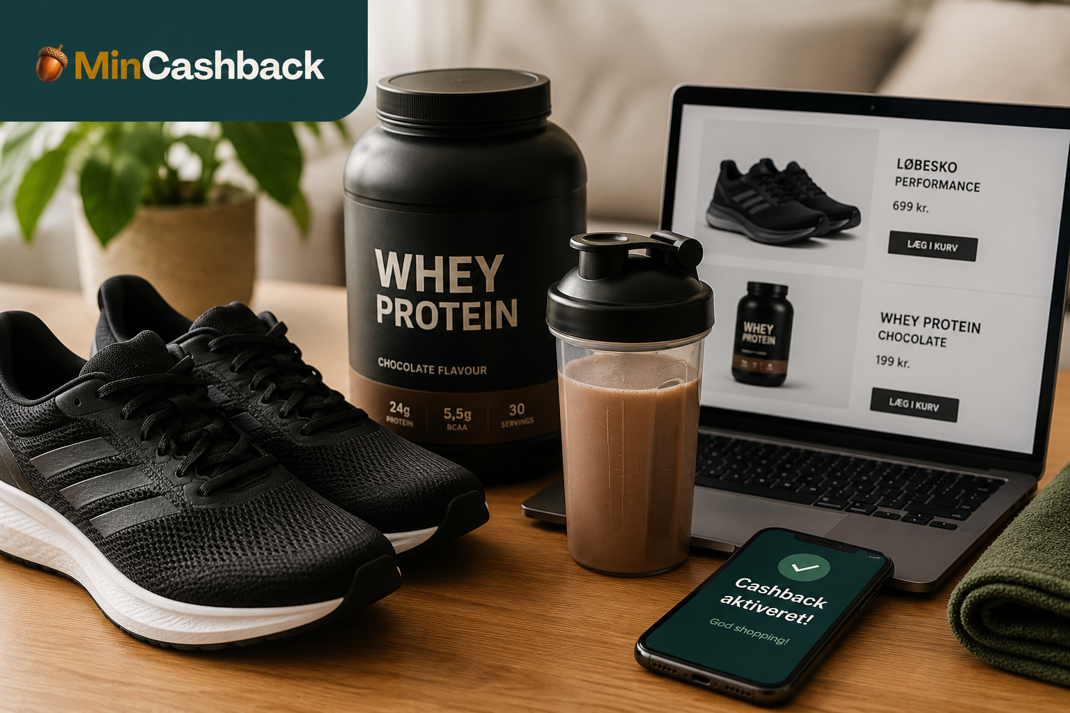Nye løbesko og proteinpulver til fitness på budget købt online