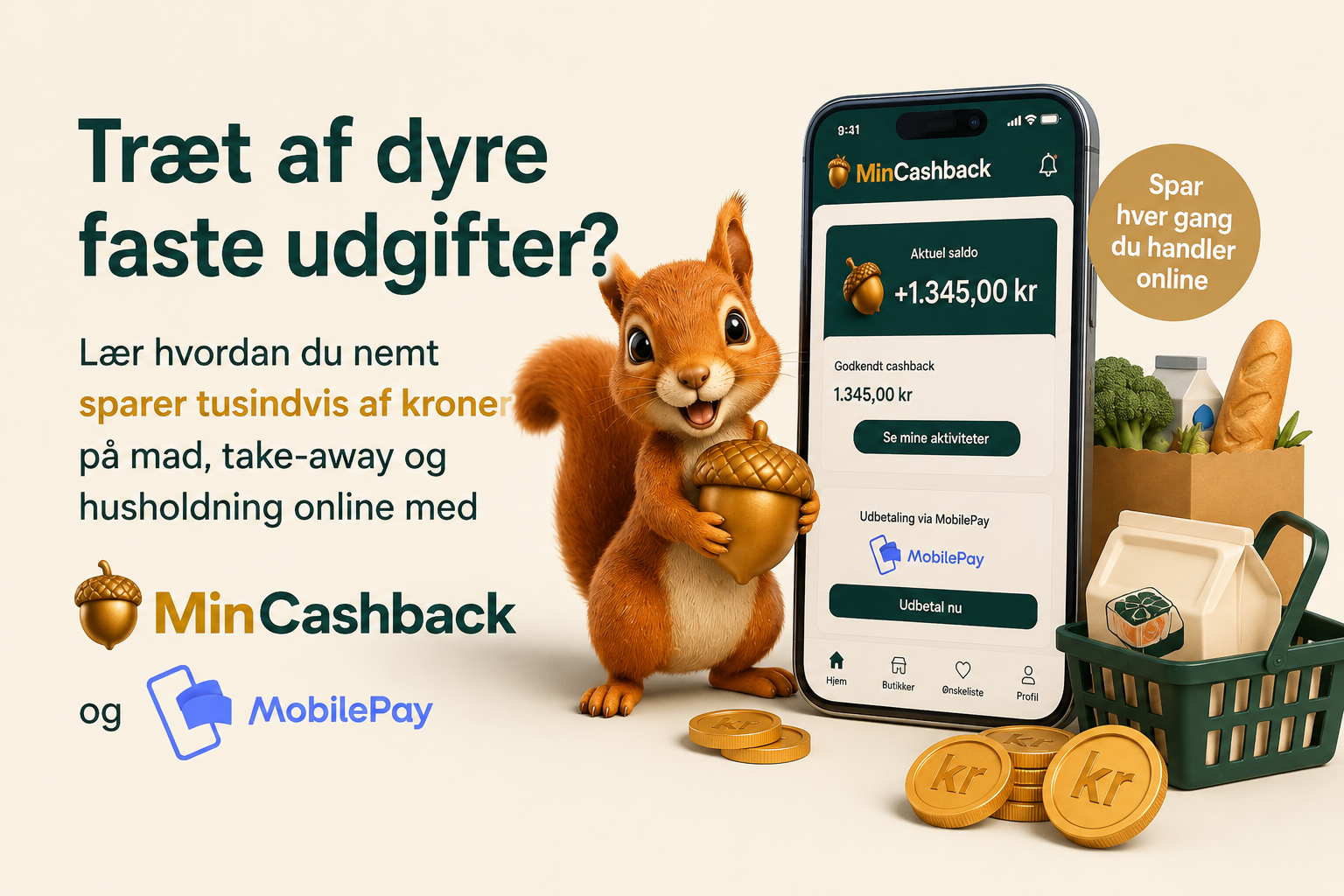 MinCashback og MobilePay hjælper dig med at spare penge på mad, take-away og husholdning med cashback ved online shopping.
