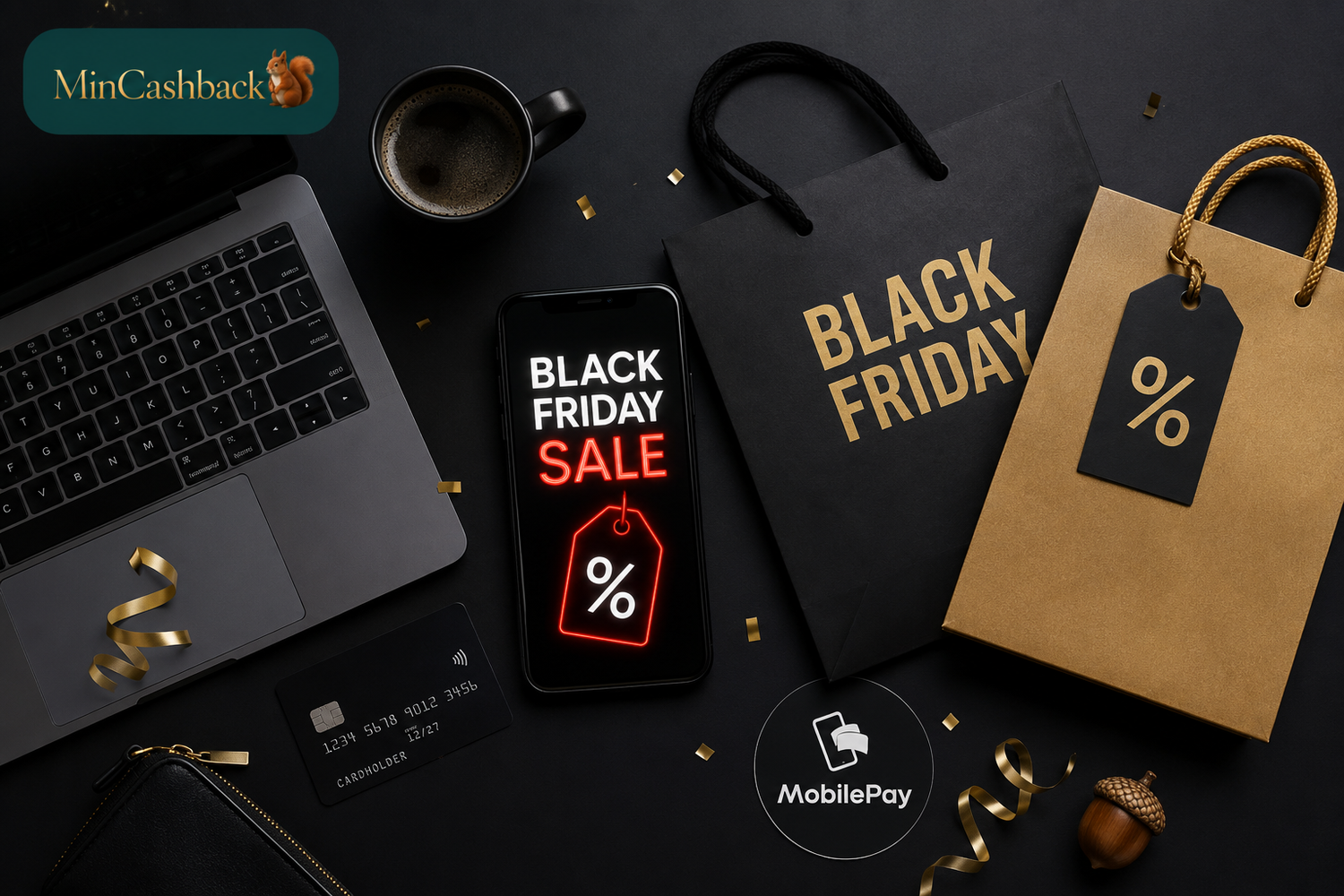 Computer og indkøbsposer på sort baggrund klar til Black Friday online udsalg