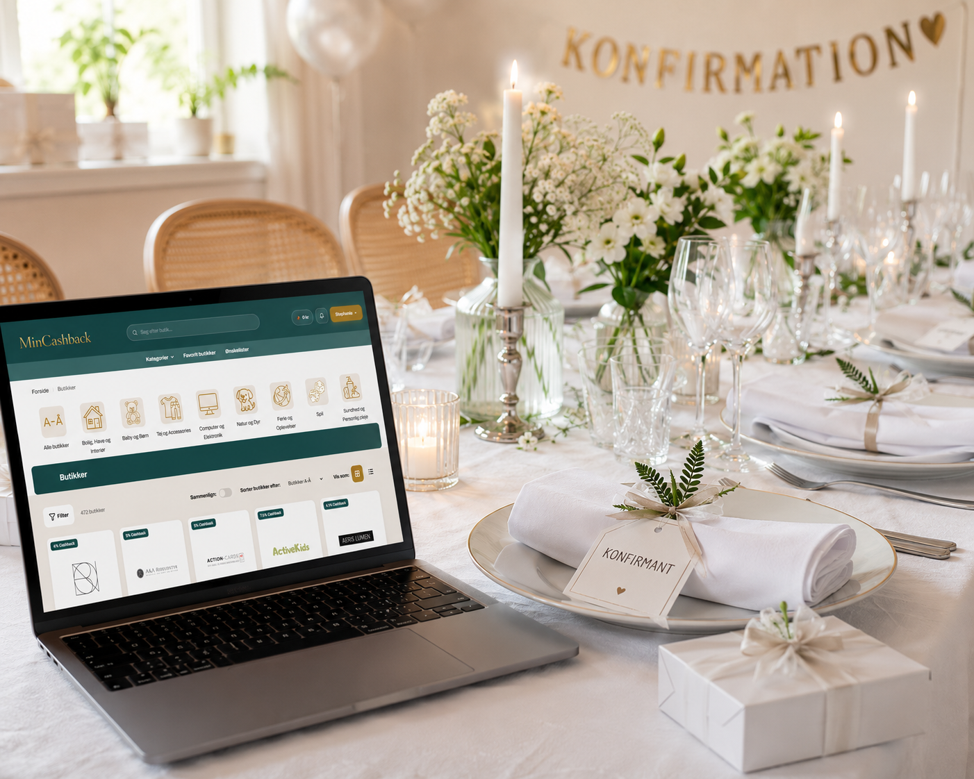 Flot dækket konfirmationsbord til en billig fest planlagt online