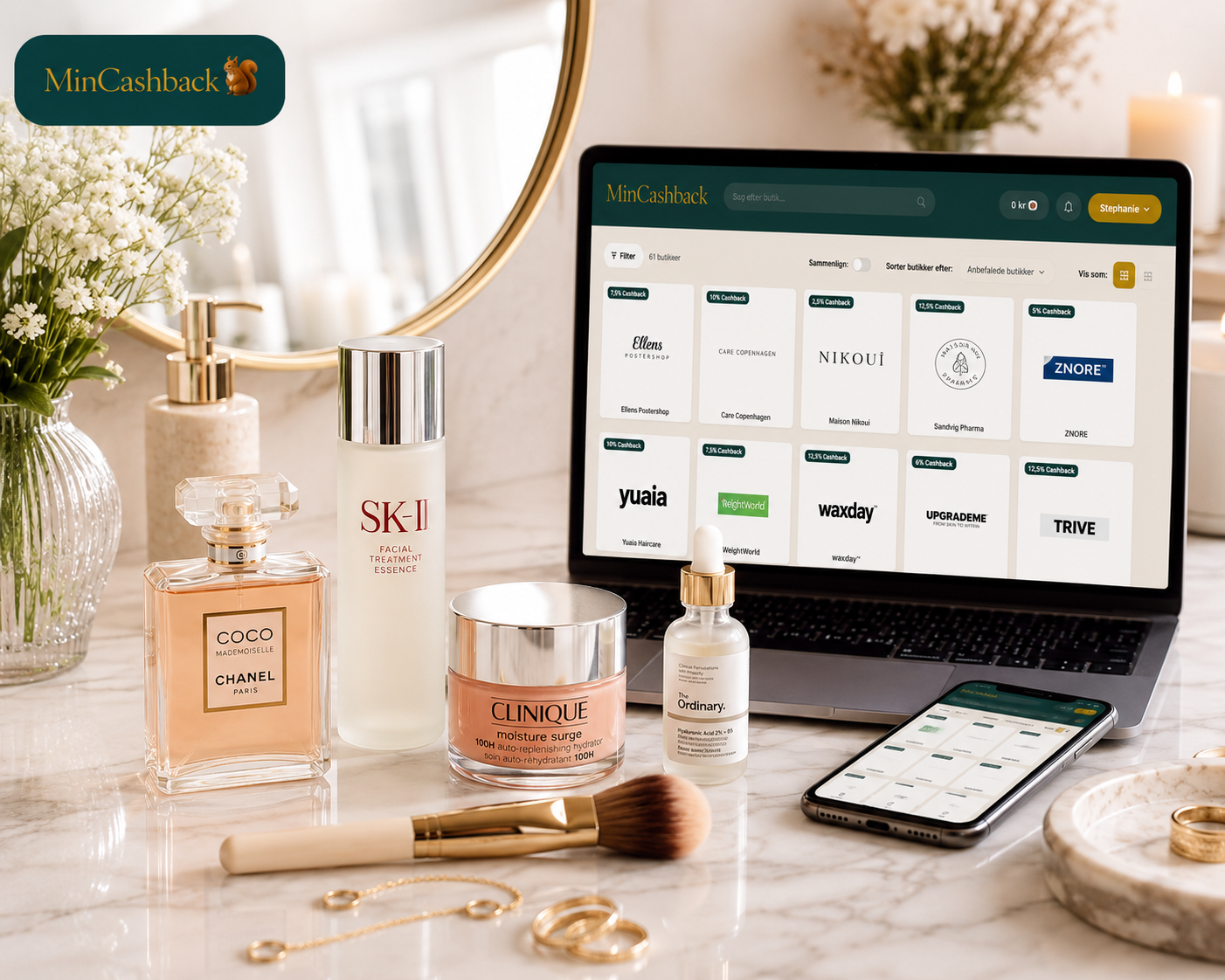 Flotte hudplejeprodukter og billig parfume købt online på et lyst bord