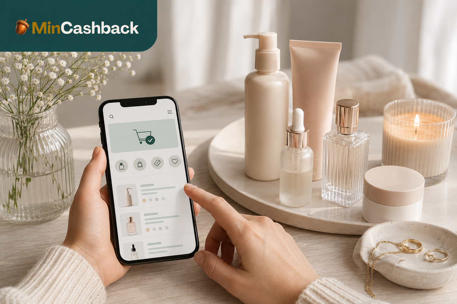 Flotte hudplejeprodukter og billig parfume købt online på et lyst bord