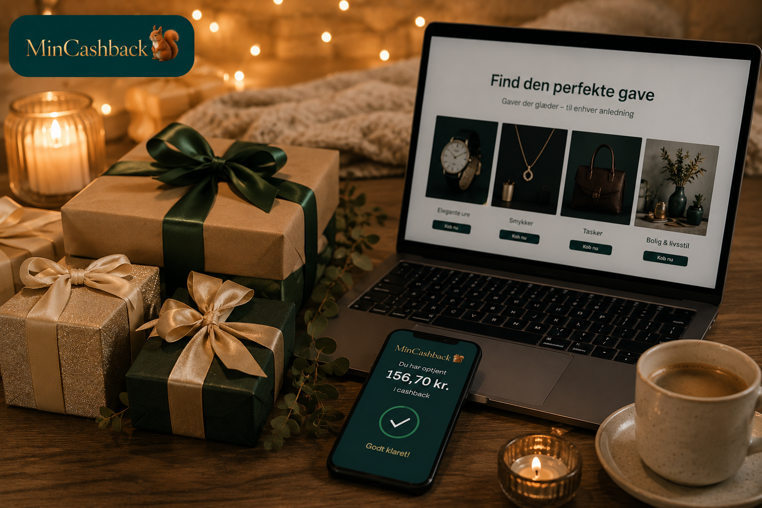 Smukt indpakkede gaver ved siden af en smartphone der viser en online ønskeliste